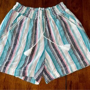 Briggs Shorts Womens Medium Green Pink Pull On Linen Blend Striped